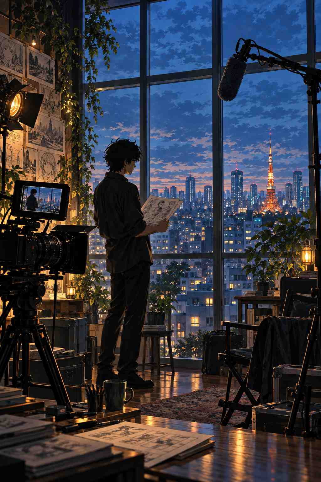 同じ人物とスタジオを青い夜景と全身の縦構図へ展開した画像